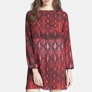 BB Dakota Red & Black Ikat Snake Print Long Sleeve Shift Dress XS